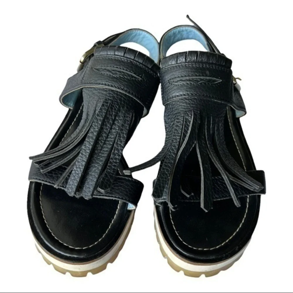 Studio Pollini Black Platform Leather Sandals With Fringe Size 37